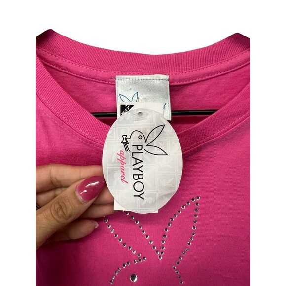 PLAYBOY Rare Vintage Y2K NWT Pink Silver Rhinestone Bling Sexy Tee Shirt XL - Picture 3 of 11